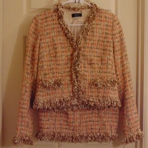 JON Light Orange & Tan Fringe Tweed Skirt Suit